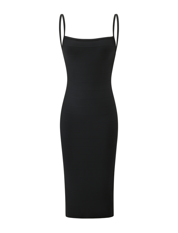The MIDORI BANDAGE MIDI DRESS by TIGERMIST is a sleeveless, fitted black midi dress with thin spaghetti straps and a straight neckline, showcasing a classic bodycon silhouette. The dress is displayed on a white background.