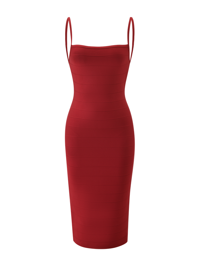 The MIDORI BANDAGE MIDI DRESS - CHERRY by TIGERMIST is a fitted, sleeveless bandage dress in vibrant cherry red, featuring thin shoulder straps and a flattering knee-length hem. Displayed against a plain white background, this striking midi dress effortlessly blends elegance and allure for any occasion.
