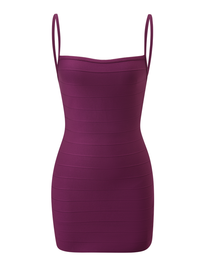 The MIDORI BANDAGE MINI DRESS by TIGERMIST is a sleeveless, fitted mini dress in a striking deep plum shade with thin shoulder straps, shown against a white background.