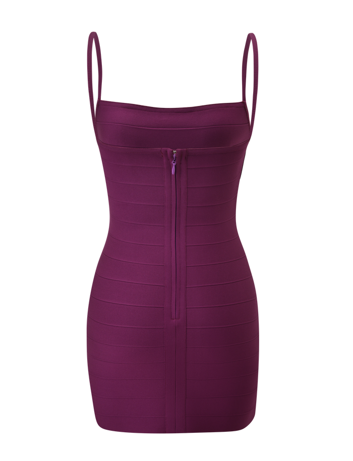 The MIDORI BANDAGE MINI DRESS - PLUM by TIGERMIST is a sleeveless, fitted bodycon mini dress featuring thin spaghetti straps and a front zipper running vertically down the center—perfect for making a bold statement.
