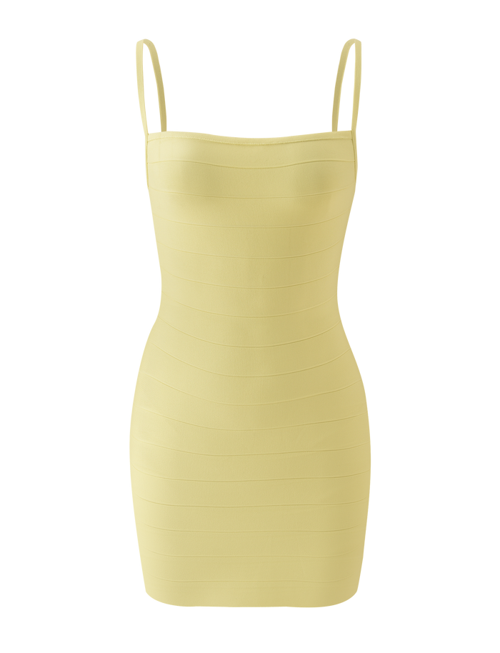 The MIDORI BANDAGE MINI DRESS - YELLOW by TIGERMIST is a light yellow, sleeveless bodycon mini dress featuring thin spaghetti straps and a fitted bandage-style design. Displayed on a plain white background, this chic dress effortlessly hugs your curves for a sleek and modern look.