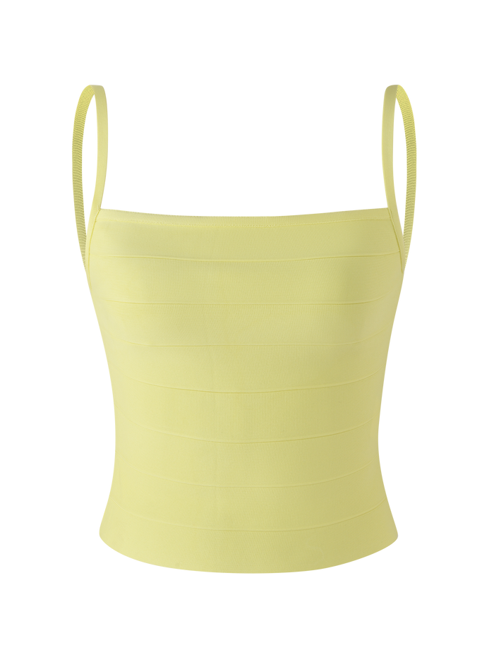 The TIGERMIST MIDORI BANDAGE TOP in yellow features a fitted design, square neckline, thin straps, and horizontal ribbed detailing, displayed against a plain white background.