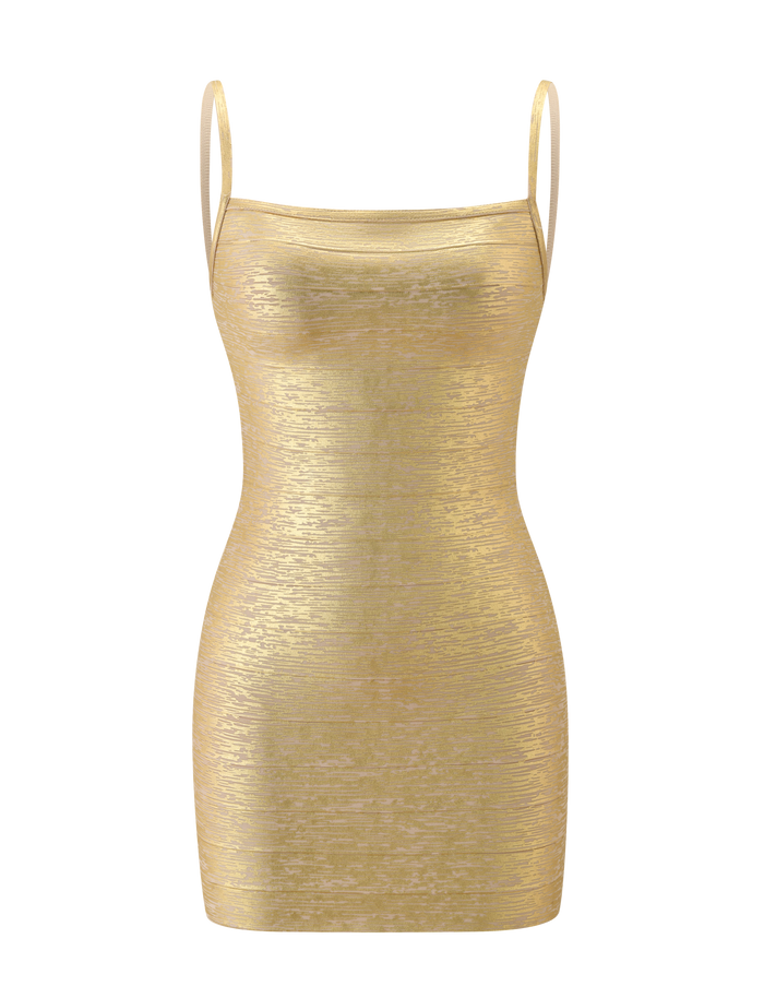 The MIDORI METALLIC BANDAGE MINI DRESS - GOLD by TIGERMIST features a shimmering gold metallic finish, thin spaghetti straps, a form-fitting silhouette, and subtle textured detailing. Inspired by the signature Midori Bandage Dress style, this eye-catching mini dress is showcased against a plain white background.