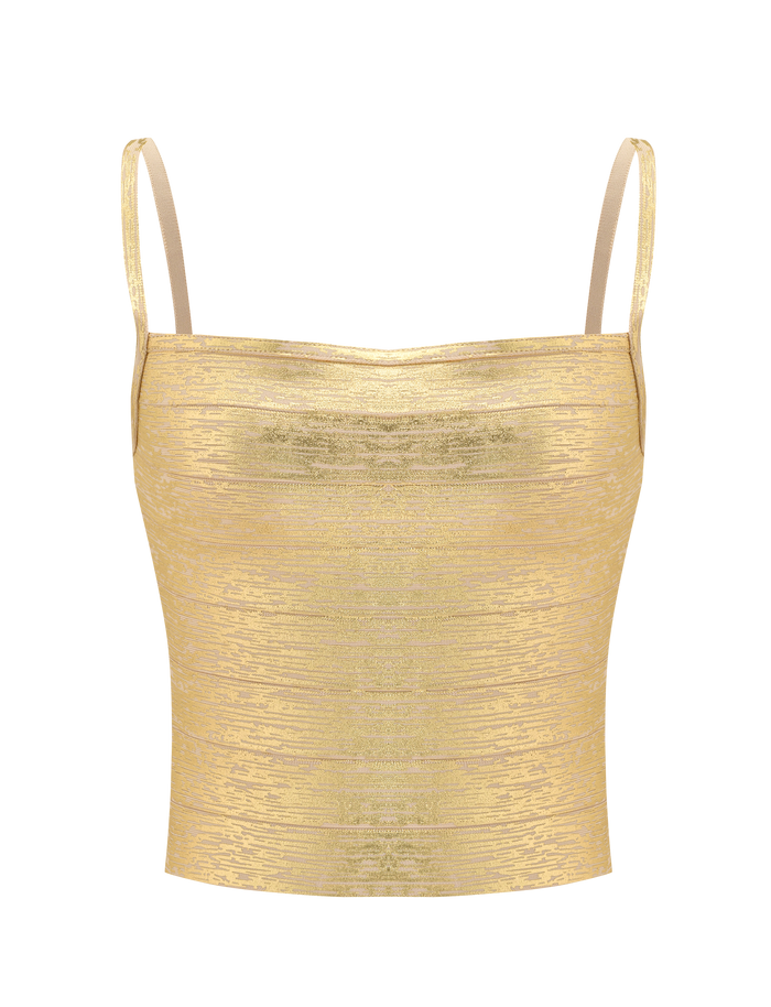 The TIGERMIST MIDORI METALLIC BANDAGE TOP in gold showcases a square neckline, thin spaghetti straps, and a smooth, shiny finish with a fitted silhouette, displayed against a plain white background.