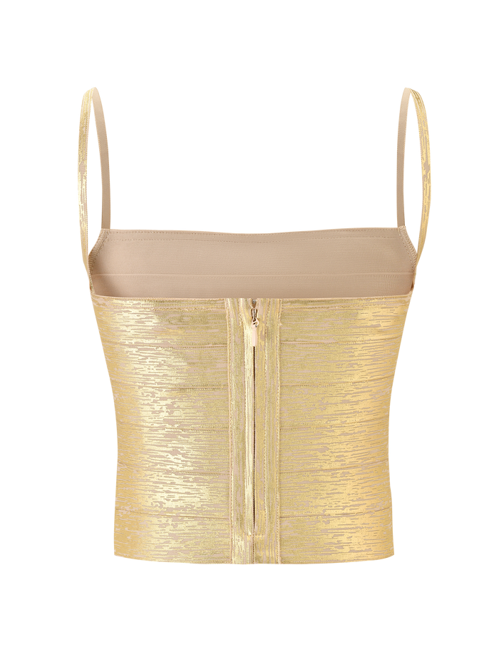 The MIDORI METALLIC BANDAGE TOP by TIGERMIST features a gold finish, thin spaghetti straps, a straight square-inspired neckline, and a visible front zipper, shown against a white background.