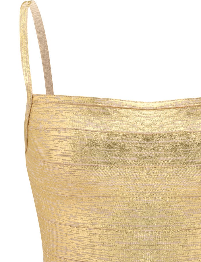 Close-up of the TIGERMIST MIDORI METALLIC BANDAGE TOP in gold, featuring thin spaghetti straps, a chic square neckline, and a subtle textured pattern with a shiny, shimmering finish.