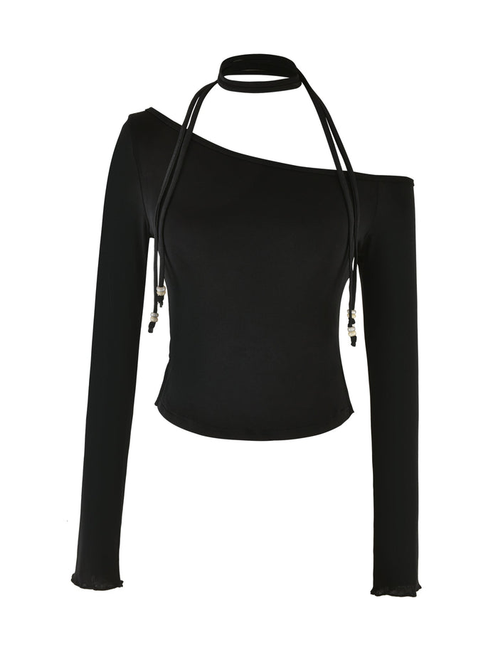 The MIETTA TOP - BLACK by TIGERMIST is a black, long-sleeve crop top with an asymmetrical neckline. It showcases a unique multi-tie neck design with a choker strap that wraps around and hangs adorned with decorative beads. Crafted from high-stretch fabric, this fitted top also features sleeves that end in slight ruffles for added flair.