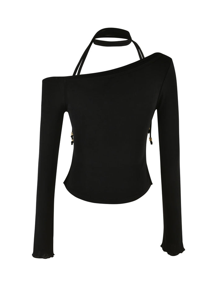 The MIETTA TOP - BLACK by TIGERMIST is an asymmetrical one-shoulder long-sleeve top with a multi-tie neck strap around the halter. It features fitted sleeves with slightly flared cuffs and a snug, tailored fit around the torso. Made from high-stretch fabric, it has a smooth and slightly stretchy appearance.