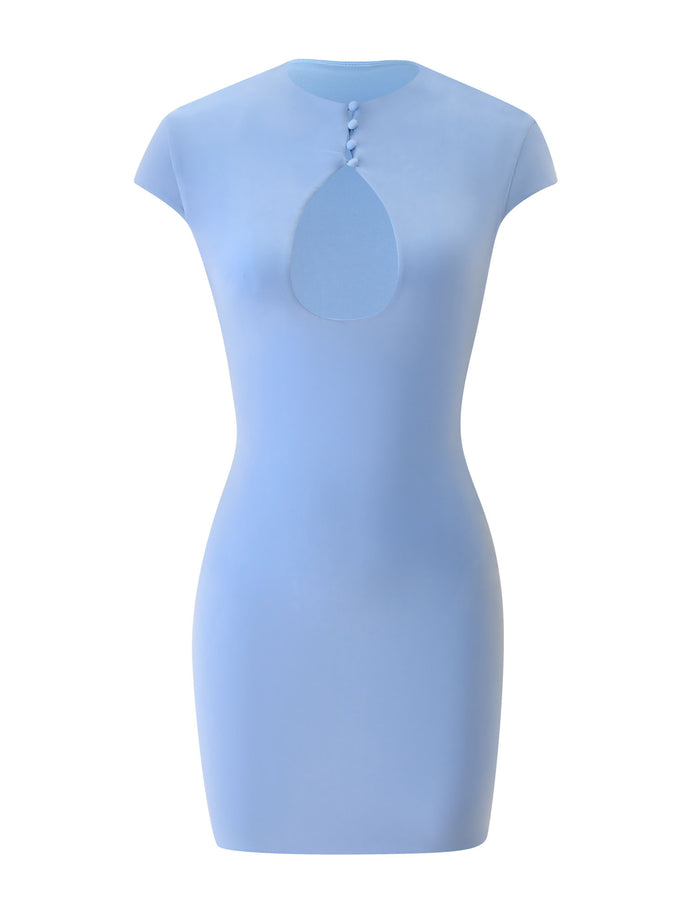 The MILLS MINI DRESS - BABY BLUE by TIGERMIST is a light blue, short-sleeved bodycon mini dress featuring a high neckline with three buttons and a striking teardrop-shaped cutout at the chest. With its clean lines and minimalist design, this baby blue dress is perfect for summer parties.