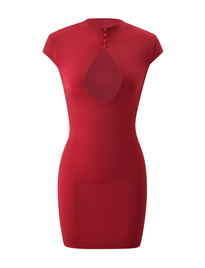 The MILLS MINI DRESS - RED by TIGERMIST is a fitted, short-sleeve dress with a mock neck, front bust cutout, and three fabric-covered buttons. Its seamless design delivers an elegant, modern look for any occasion.