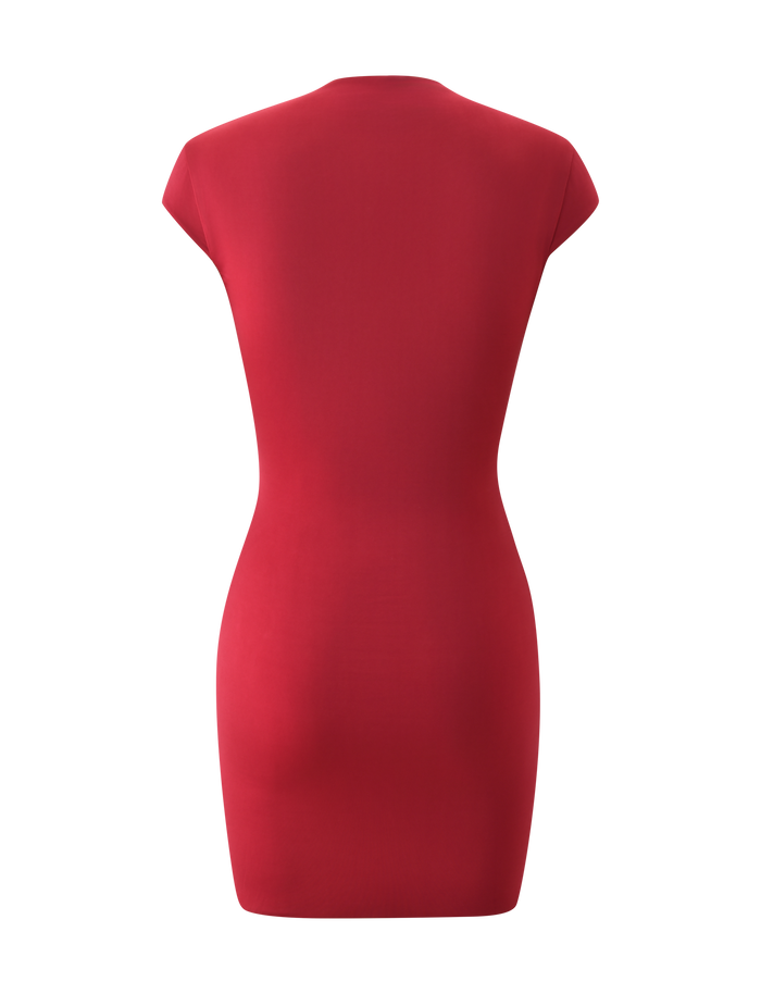 The MILLS MINI DRESS - RED by TIGERMIST features a cap sleeve, fitted silhouette and is shown from the back against a white background.