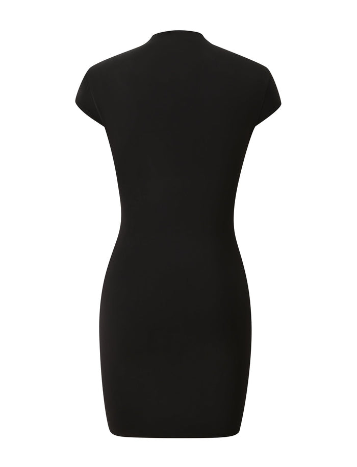 Back view of the TIGERMIST MILLS MINI DRESS 2.0 in black, a fitted, short-sleeve bodycon dress with a high neckline, shown against a white background.