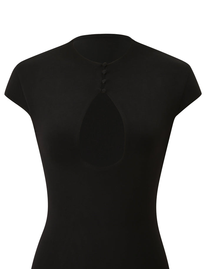 The MILLS MINI DRESS 2.0 by TIGERMIST is a black bodycon mini dress featuring short sleeves, a high neckline, four small buttons, and a teardrop-shaped cutout at the chest, displayed against a plain white background.