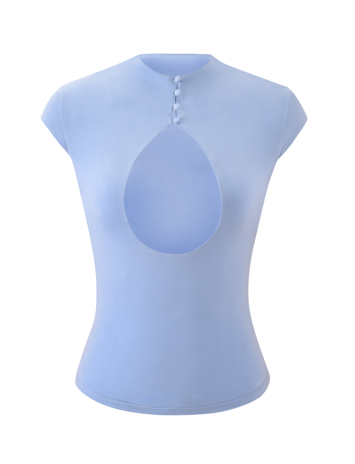 The MILLS TOP - BABY BLUE by TIGERMIST features cap sleeves, a mock neck with three decorative buttons, and a teardrop front bust cutout. Its smooth, stretchy fabric offers a flattering fit.