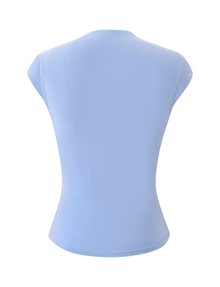 The TIGERMIST MILLS TOP in baby blue is featured from the back, displaying its cap sleeves and fitted silhouette against a plain white background.
