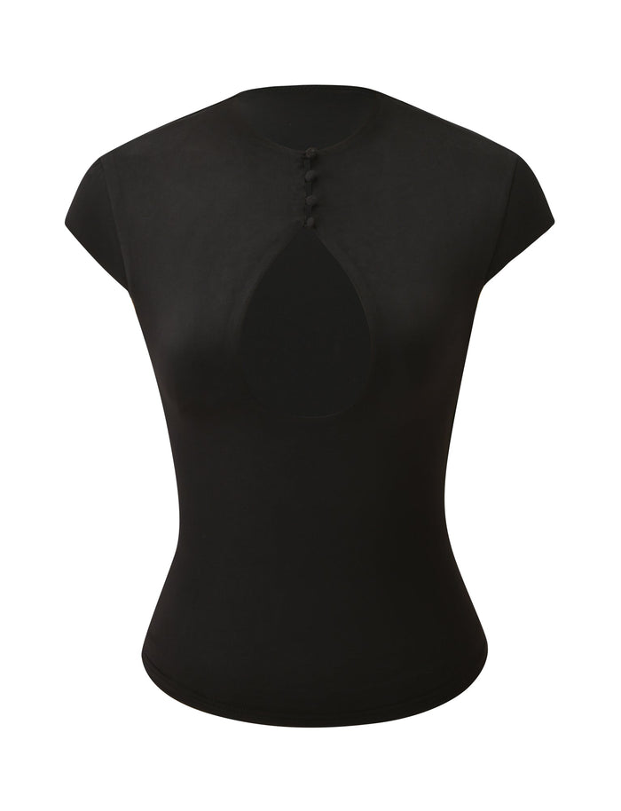 Introducing the MILLS TOP 2.0 - BLACK by TIGERMIST: a short-sleeve, fitted bodycon top featuring a teardrop cutout on the chest with four small buttons accentuating the neckline. This figure-flattering design enhances your silhouette while adding stylish flair to your everyday wardrobe.