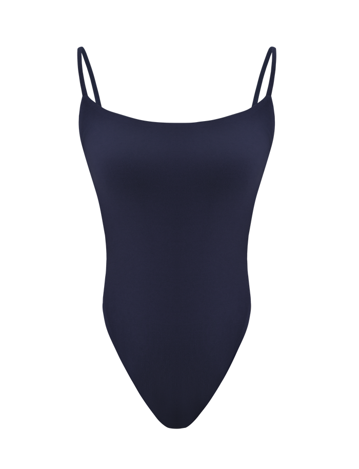 The TIGERMIST MINERVA BODYSUIT - NAVY is a sleek one-piece with thin shoulder straps and a straight neckline, shown on a plain white background.