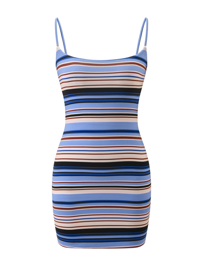 The MINERVA MINI DRESS - BLUE STRIPE by TIGERMIST is a sleeveless, bodycon mini dress with thin adjustable straps and horizontal blue, white, black, and brown stripes, shown against a plain white background.
