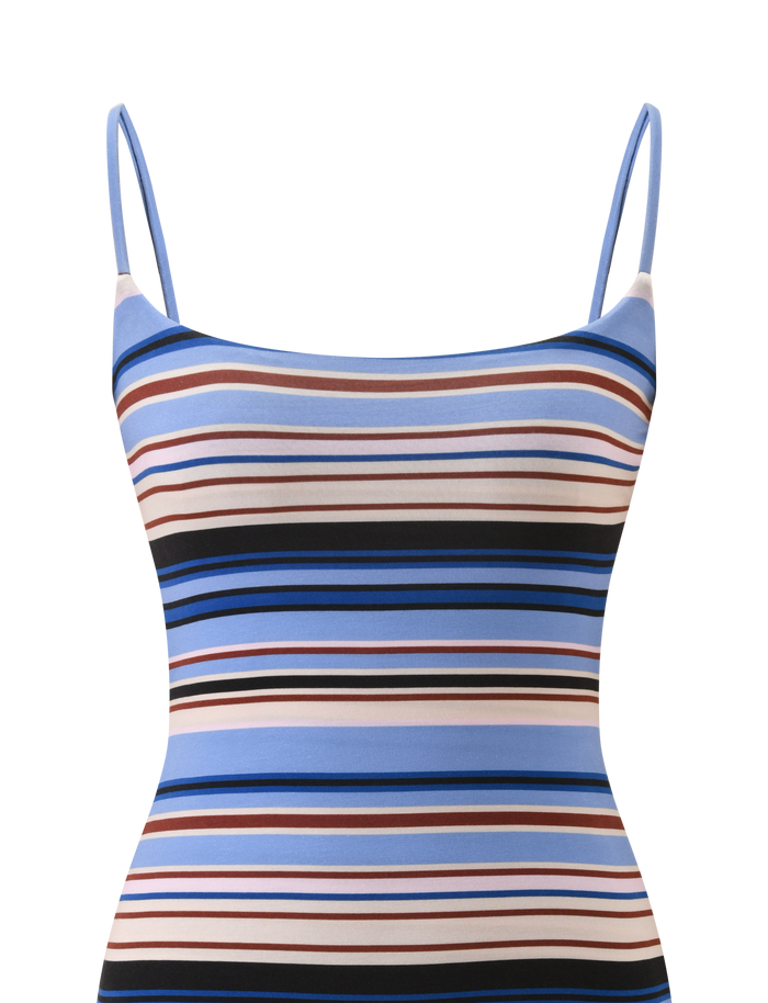 The TIGERMIST MINERVA MINI DRESS - BLUE STRIPE is a sleeveless bodycon mini dress with thin spaghetti straps and horizontal blue, black, white, and brown stripes on a white background.