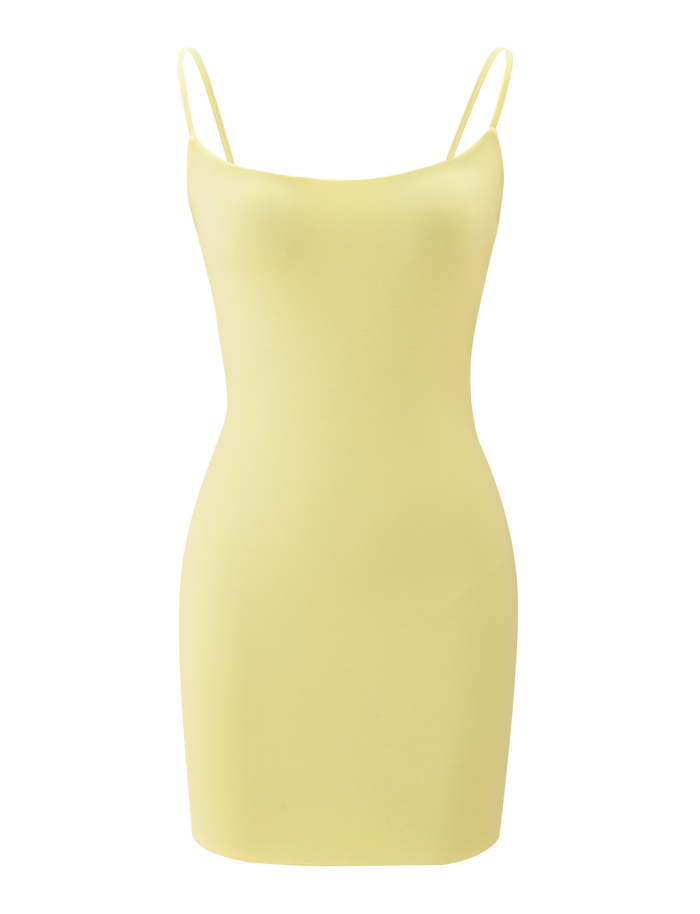 The TIGERMIST MINERVA MINI DRESS in butter yellow is a sleeveless, bodycon mini dress featuring thin spaghetti straps and a stylish cut-out back, shown against a plain white background.