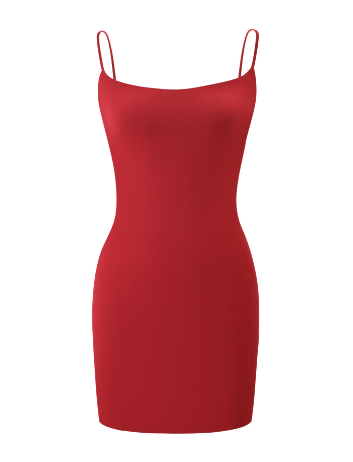 The TIGERMIST MINERVA MINI DRESS - RED, a sleeveless, form-fitting bodycon mini dress with adjustable spaghetti straps, is shown against a plain white background.