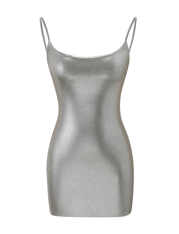 The TIGERMIST MINERVA MINI DRESS 2.0 in Liquid Silver features adjustable shoulder straps and a fitted bodycon silhouette, shown against a plain white background.