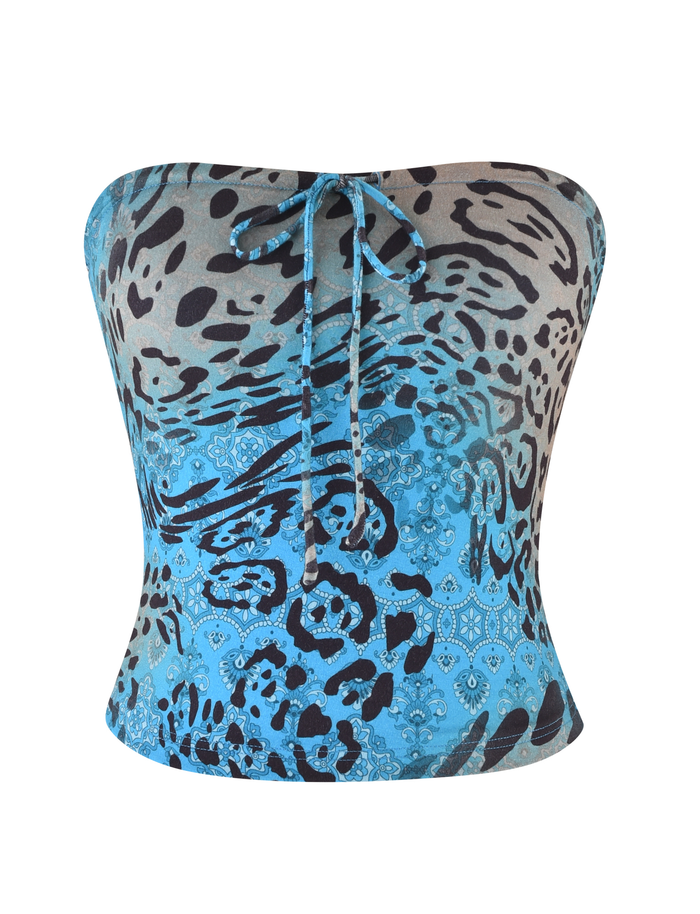 The TIGERMIST MIRELY TOP - MULTI features a strapless, fitted leopard swirl print in blue and gray paisley, with a front tie string and buttery jersey fabric, shown on a plain white background.