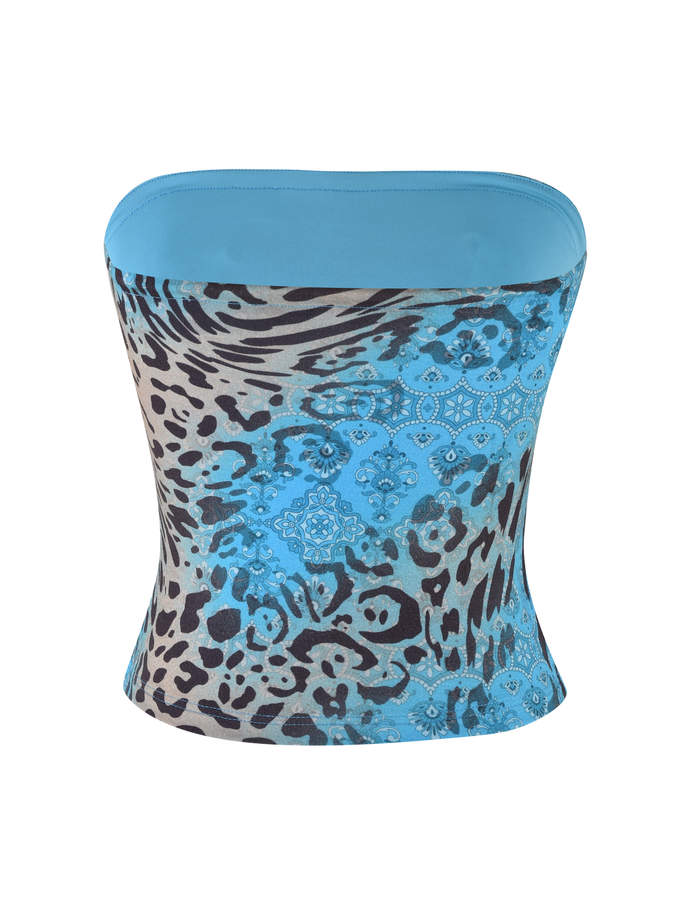 The TIGERMIST MIRELY TOP - MULTI : LEOPARD : LEOPARD SWIRL is a strapless blue and gray tube top in buttery jersey, featuring an exclusive mixed animal and bandana print, shown on a white background.
