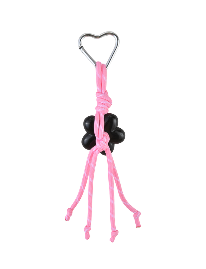 The MIRIAM KEYCHAIN - HOT PINK by TIGERMIST features a hot pink rope with a black paw-shaped rubber center and a silver heart-shaped clasp, shown against a white background.