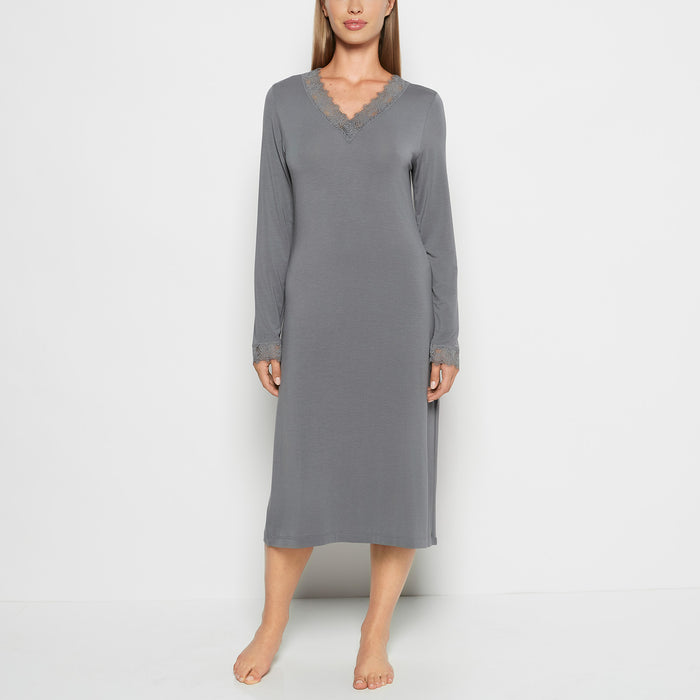 Modal with Lace V-Neck Sleep Shirt in Smoked Pearl