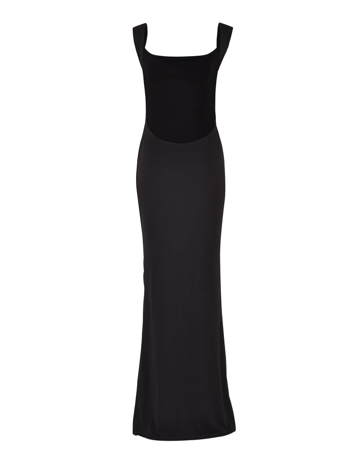A long, sleeveless MORANA DRESS - BLACK from TIGERMIST features a squared neckline and a form-fitting silhouette. This elegant and minimalist design is perfect for formal occasions.