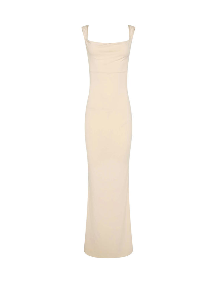 The TIGERMIST MORANA DRESS - YELLOW : BUTTER is a sleeveless, floor-length bodycon dress in pastel yellow with a straight neckline and wide shoulder straps, shown against a white background.
