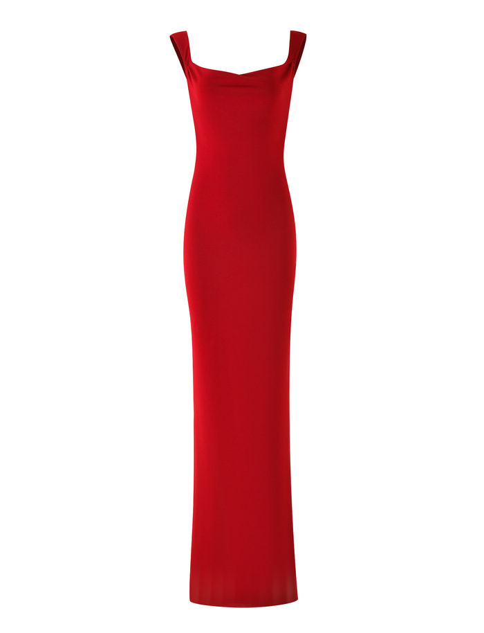 The TIGERMIST MORANA MAXI DRESS - RED is a sleeveless, floor-length evening gown with a bodycon fit and wide straps, shown on a plain white background.