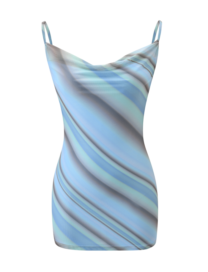 The TIGERMIST MORANA MESH MINI DRESS - MULTISTRIPE is a sleeveless, form-fitting mini dress with thin straps, a cowl neckline, and a blue, turquoise, and gray marble stripe pattern on white.