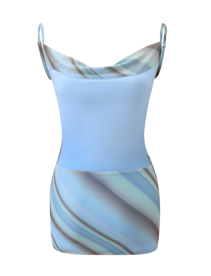 The TIGERMIST MORANA MESH MINI DRESS - MULTISTRIPE is a sleeveless, backless mini dress with thin straps, a cowl neckline, and multistripe swirl patterns in blue, gray, and white at the neckline and lower skirt.