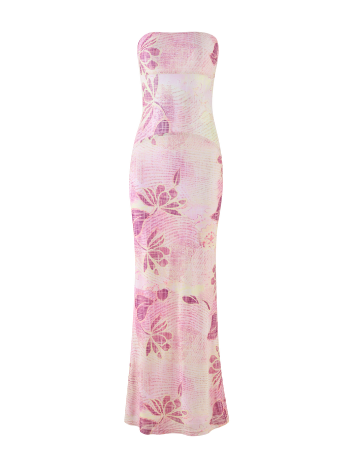 The MORGAN MESH DRESS - GRUNGE FLORAL MAGENTA by TIGERMIST is a strapless, floor-length dress with a fitted silhouette and an elegant magenta floral print on a matching pink gradient base.