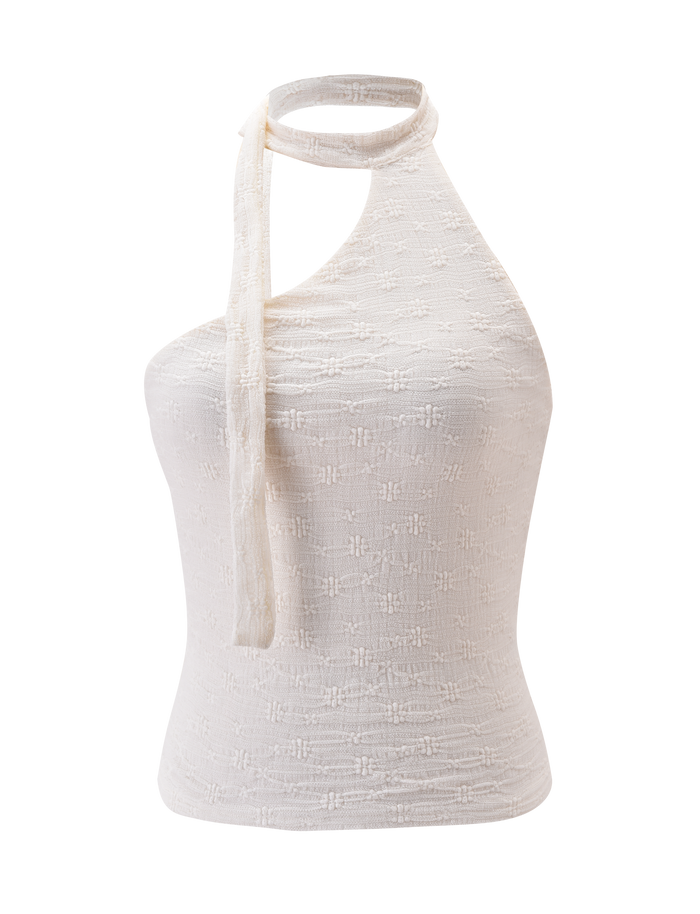 The MYLAH ONE SHOULDER TOP in ivory by TIGERMIST features a sleeveless lace knit, asymmetrical neckline, and a long tie that wraps stylishly around the neck, shown on a plain white background.