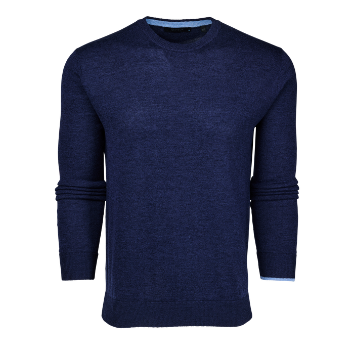 Maltese Blue Merino Wool Napeague Crewneck Sweater - Front View, Contrast Tipped Collar | Greyson Clothiers