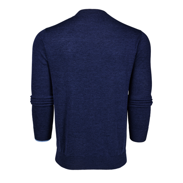 Maltese Blue Merino Wool Napeague Crewneck Sweater - Back View, Ribbed Hem | Greyson Clothiers