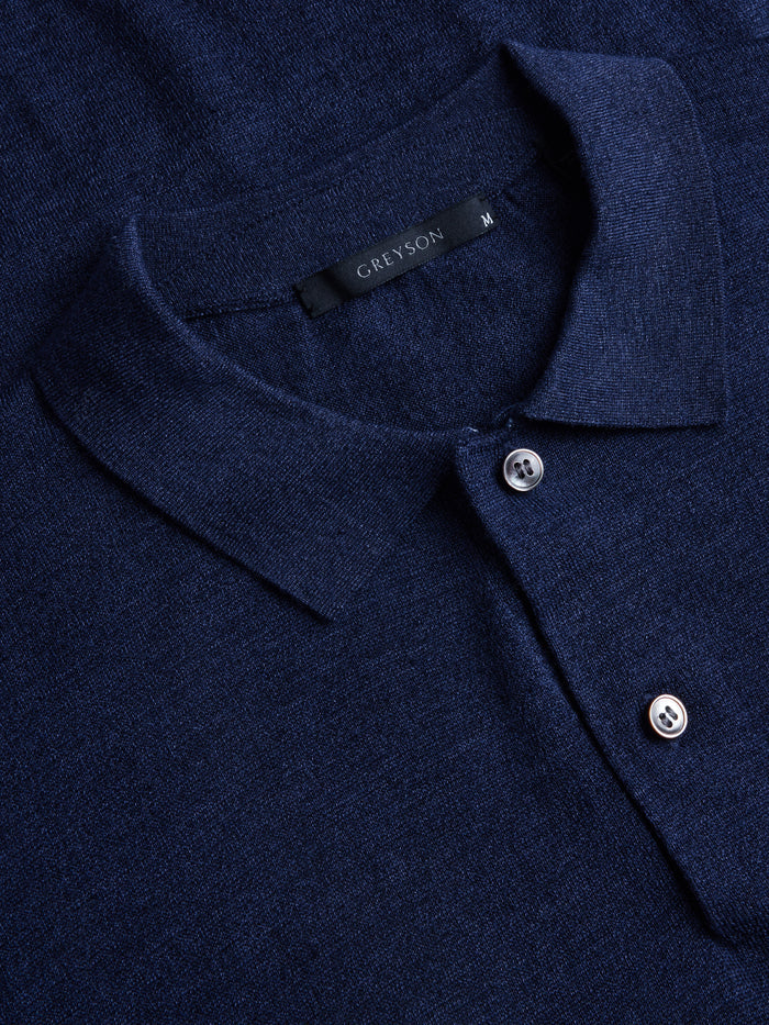 Maltese Blue Merino Wool Sweater Polo - Collar & Button Placket Close-Up | Greyson Clothiers