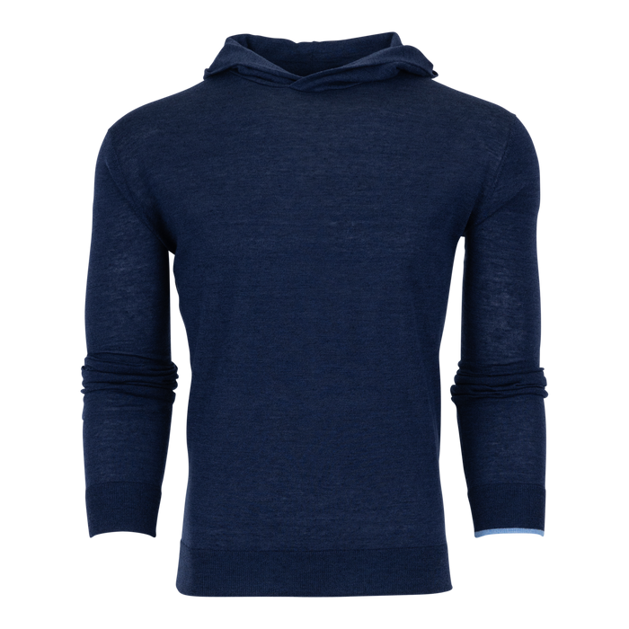 Napeague Merino Wool Sweater Hoodie in Maltese Blue with Contrast Tipping - Front View | Greyson Clothiers