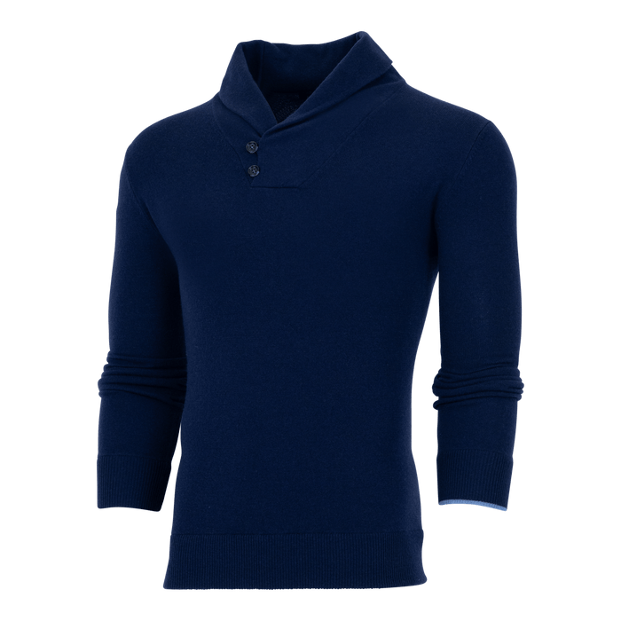 Maltese Blue Narragansett Cashmere Shawl Collar Sweater - Three-Quarter Angle | Greyson Clothiers