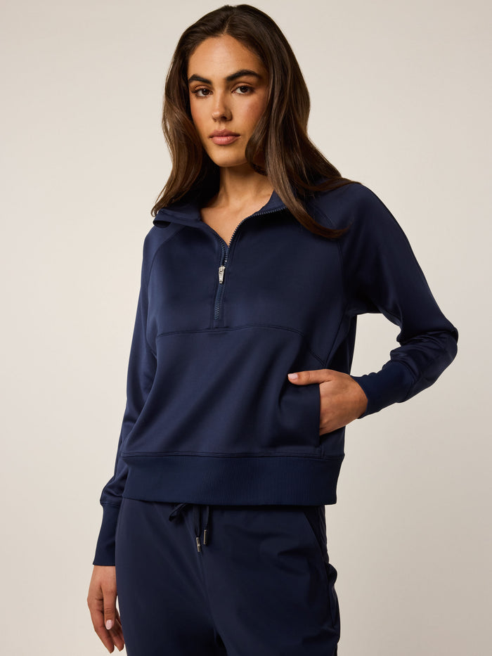 Maltese Blue Nash Half-Zip Sweatshirt - Front Three-Quarter View On Model | Greyson Clothiers