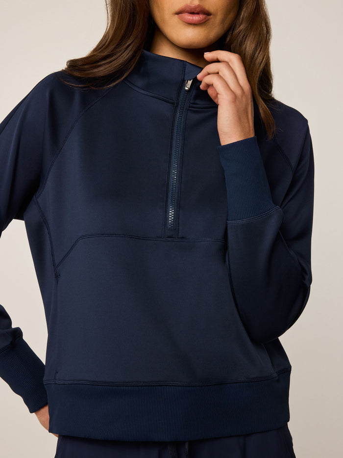 Maltese Blue Nash Half-Zip Sweatshirt - Zip Placket Close-Up Detail | Greyson Clothiers