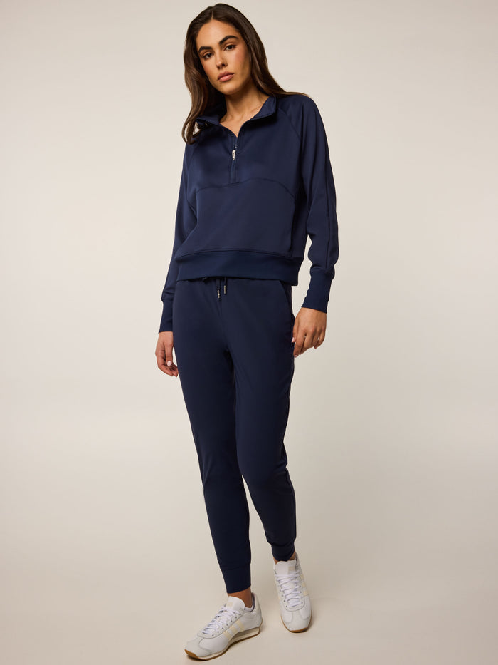Maltese Blue Nash Half-Zip Sweatshirt - Full Length Styled Look On Model | Greyson Clothiers