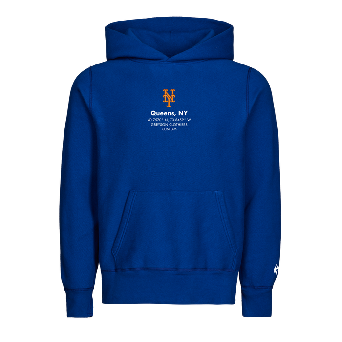 Royal Blue Cotton New York Mets Hoodie - Front View, Queens NY Graphic | Greyson Clothiers