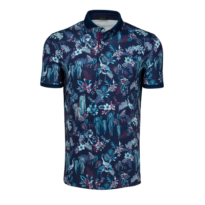 Falcon Night Lurk Short Sleeve Polo, botanical print performance golf polo - Front View | Greyson Clothiers