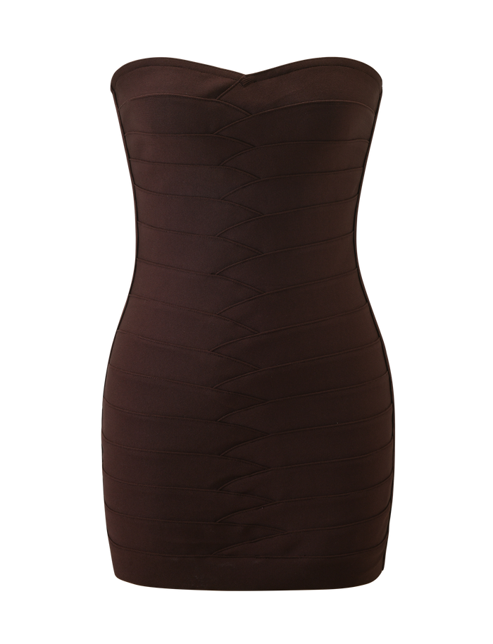 The NIYA BANDAGE MINI DRESS by TIGERMIST is a strapless, fitted chocolate brown bodycon mini dress, crafted from knit bandage material with horizontal panel detailing and a sweetheart neckline, shown against a plain white background.