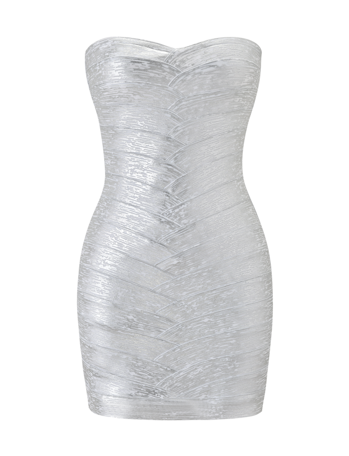 The NIYA METALLIC BANDAGE MINI DRESS - LIQUID SILVER by TIGERMIST is a strapless, metallic silver mini dress with a sweetheart neckline and a fitted, textured design featuring subtle chevron patterns. Displayed against a plain white background, this striking bodycon bandage dress perfectly hugs the figure for an effortlessly glamorous look.