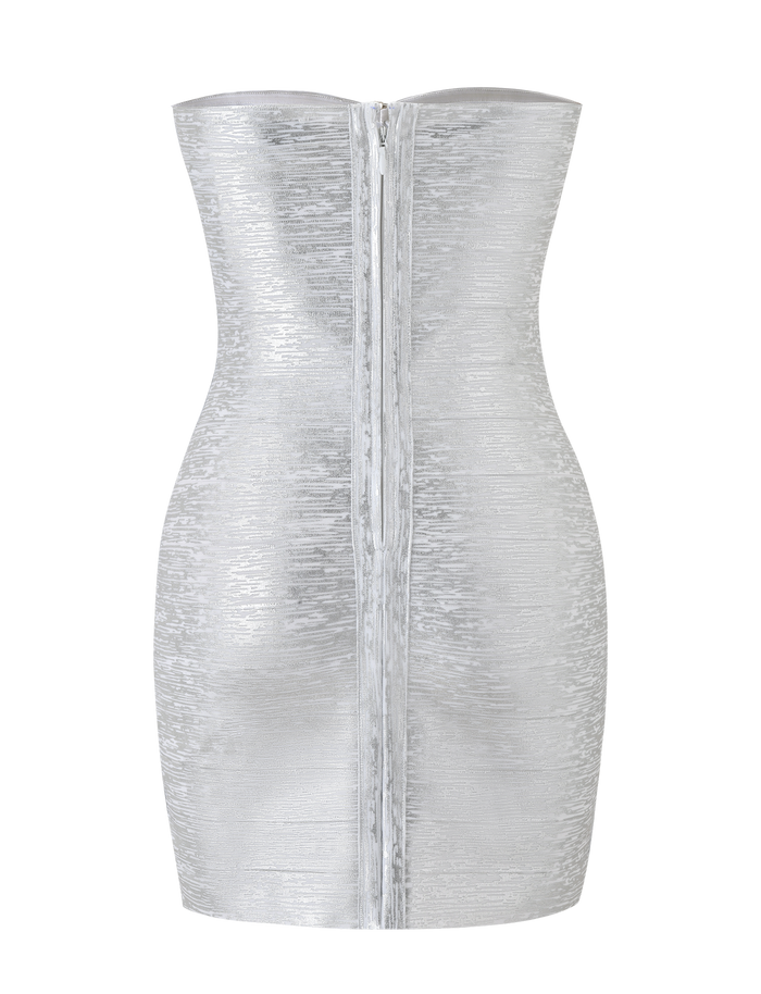 The TIGERMIST NIYA METALLIC BANDAGE MINI DRESS - LIQUID SILVER is a strapless metallic silver mini dress with a sweetheart neckline, a fitted silhouette, and a visible back zipper, shown on a white background.